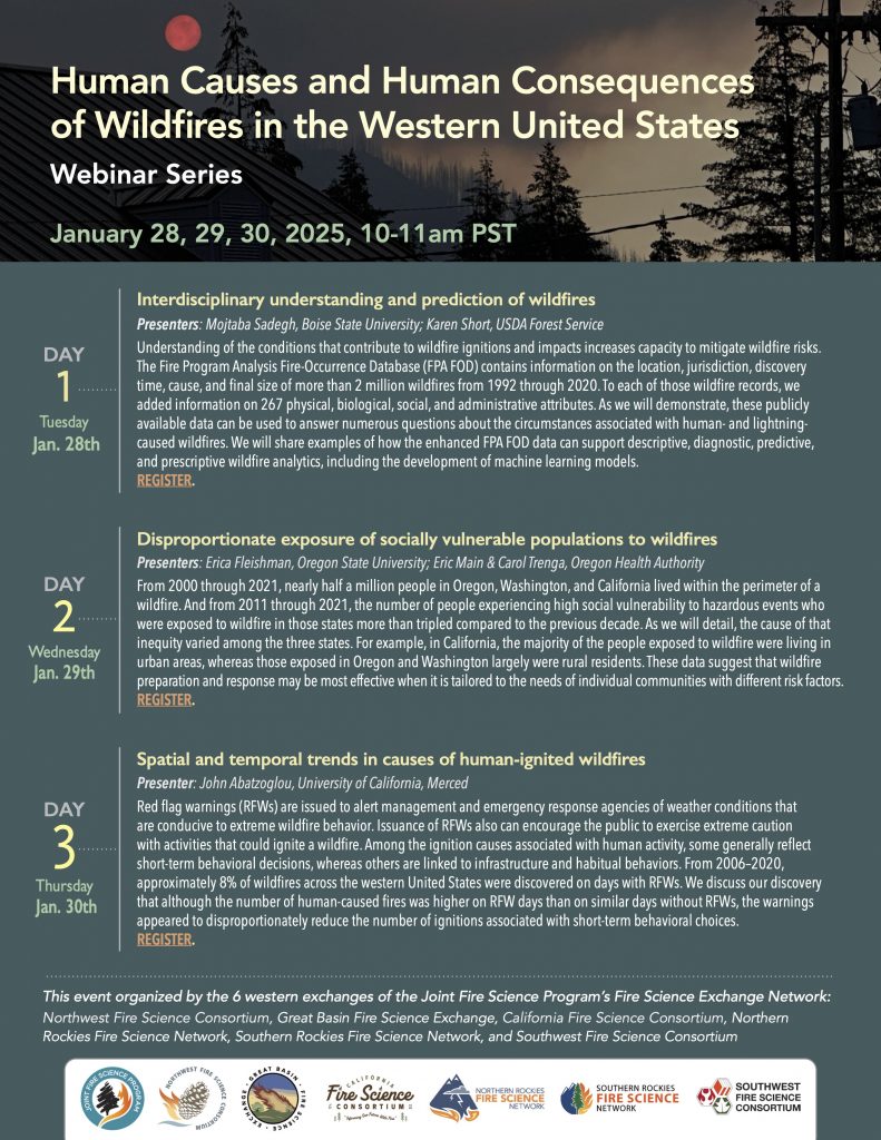 flyer for webinar series: human causes and human consequences of wildfires in the western United States